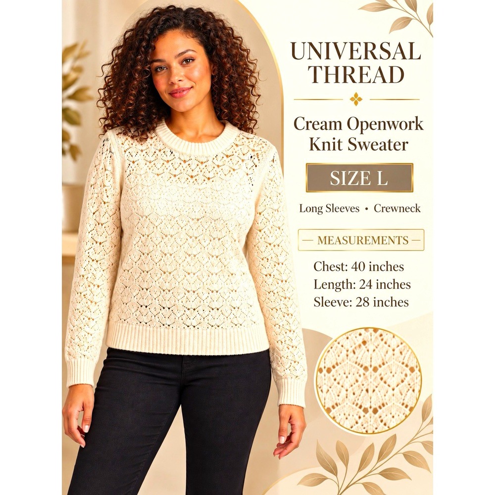 Universal Thread Women's L Cream Open-Knit Openwork Crew Neck Pullover Sweater